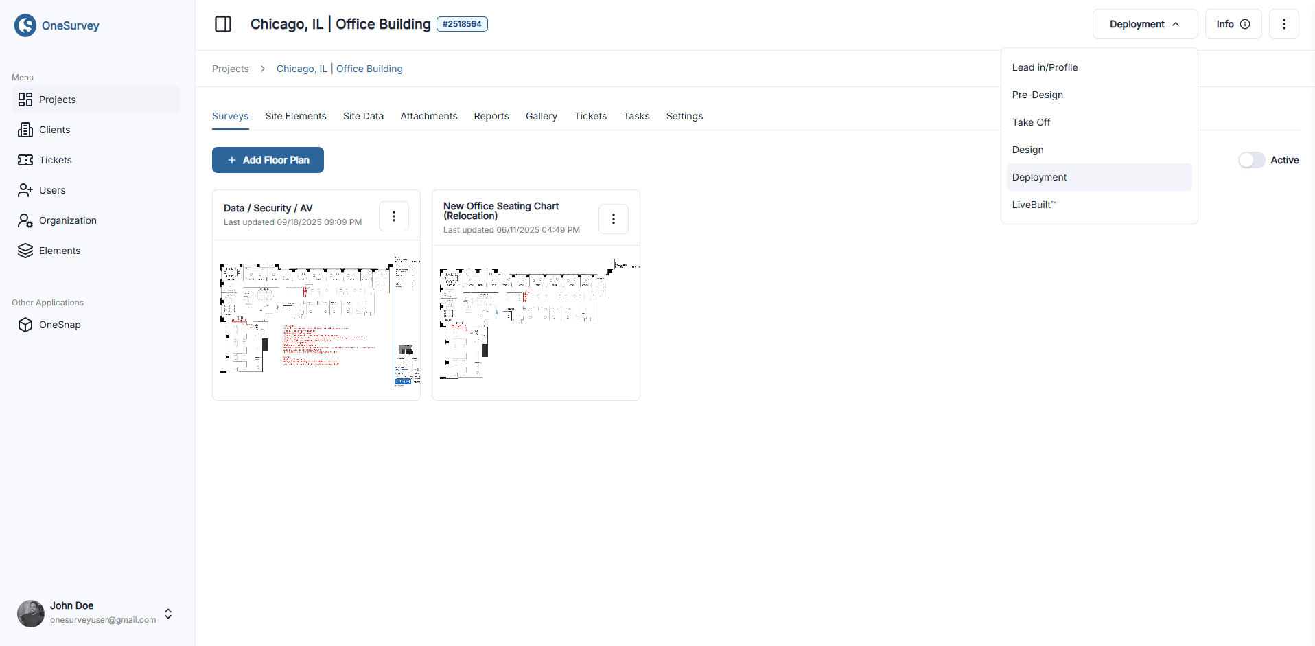 Site detail page showing floor plans and survey stages.