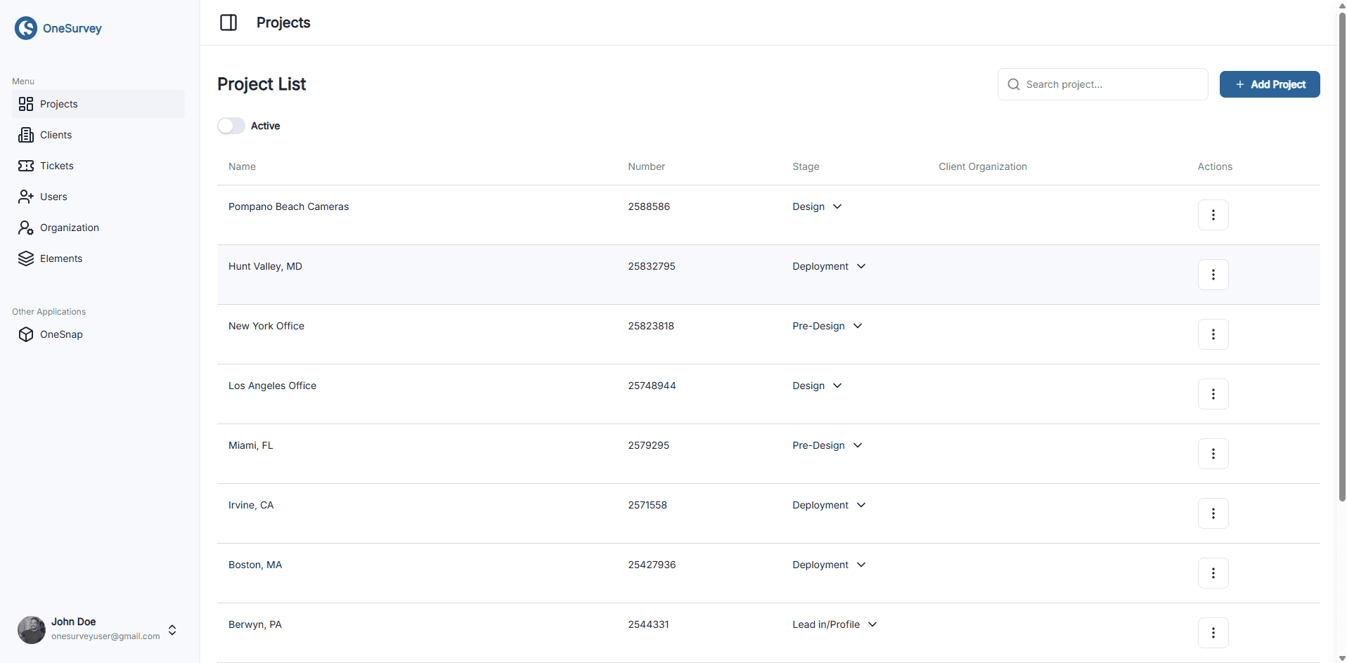 Project list showing created sites and workflow stages.